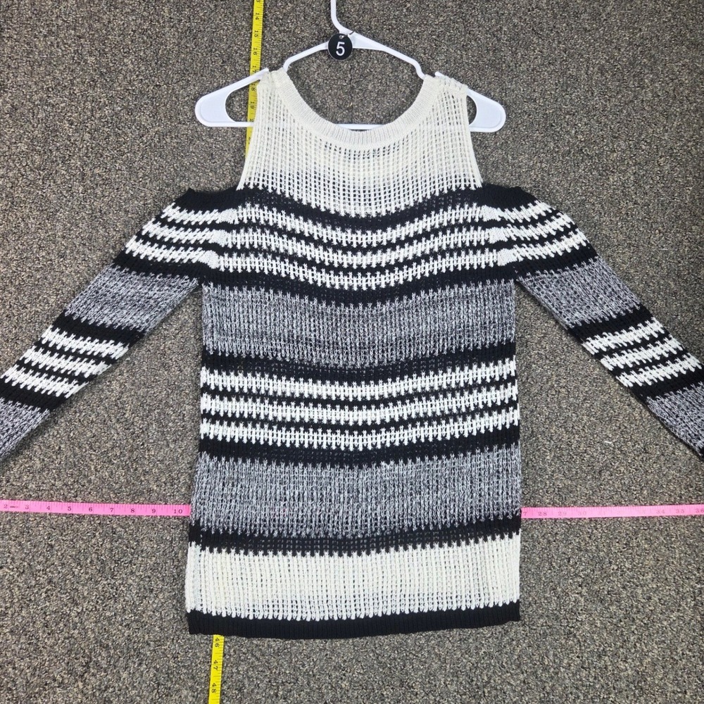 Maxsport Sweater Womens Medium Black White Striped Cold Shoulder Open Knit